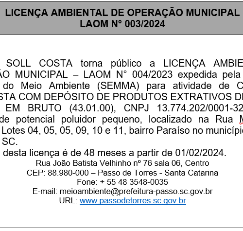 Licença Ambiental de Operação Municipal de Michele Soll Costa
