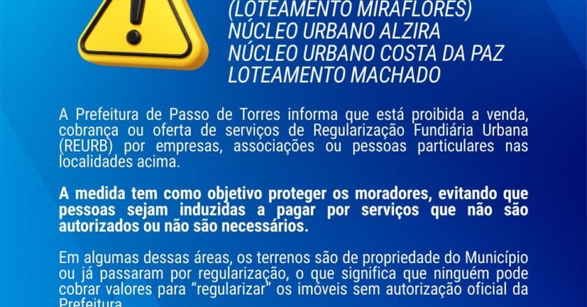 Proibida a cobrança e venda de serviços de REURB em Passo de Torres