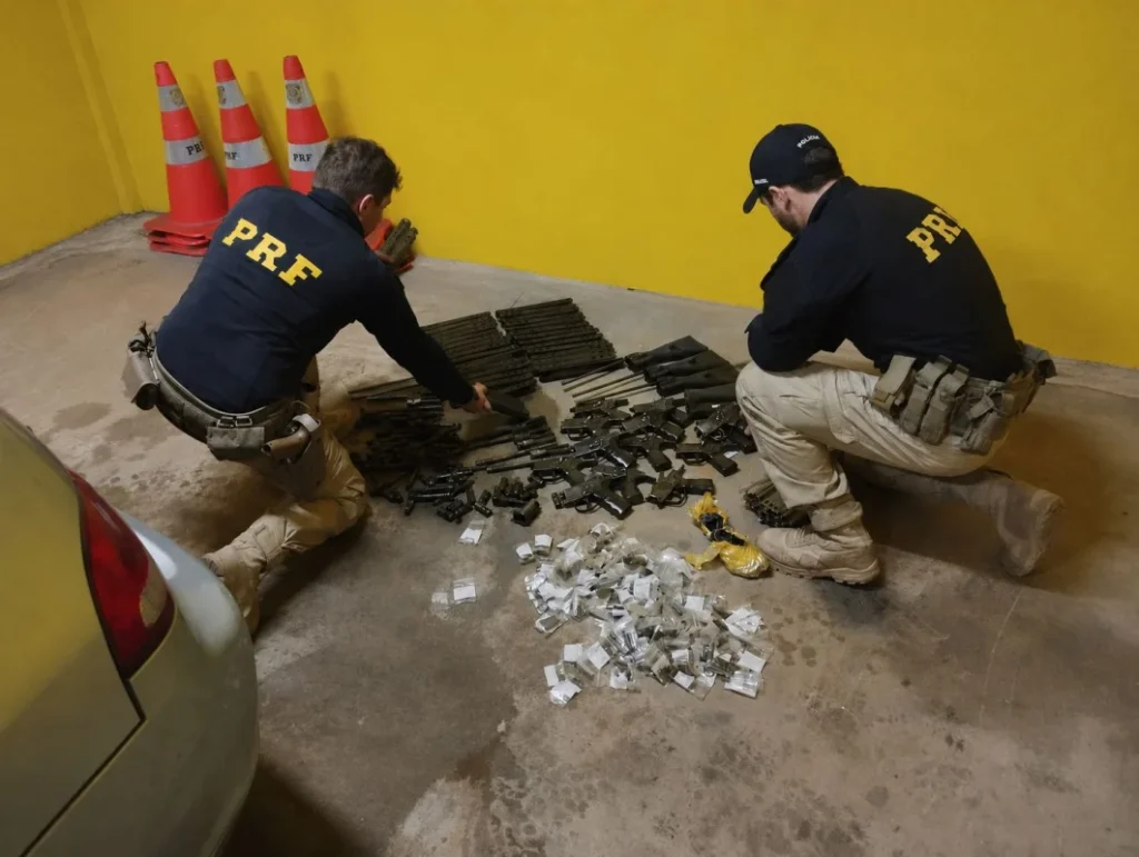 PRF apreende kits de fuzis HK G3 desmontados em fundo falso de Corsa em Torres